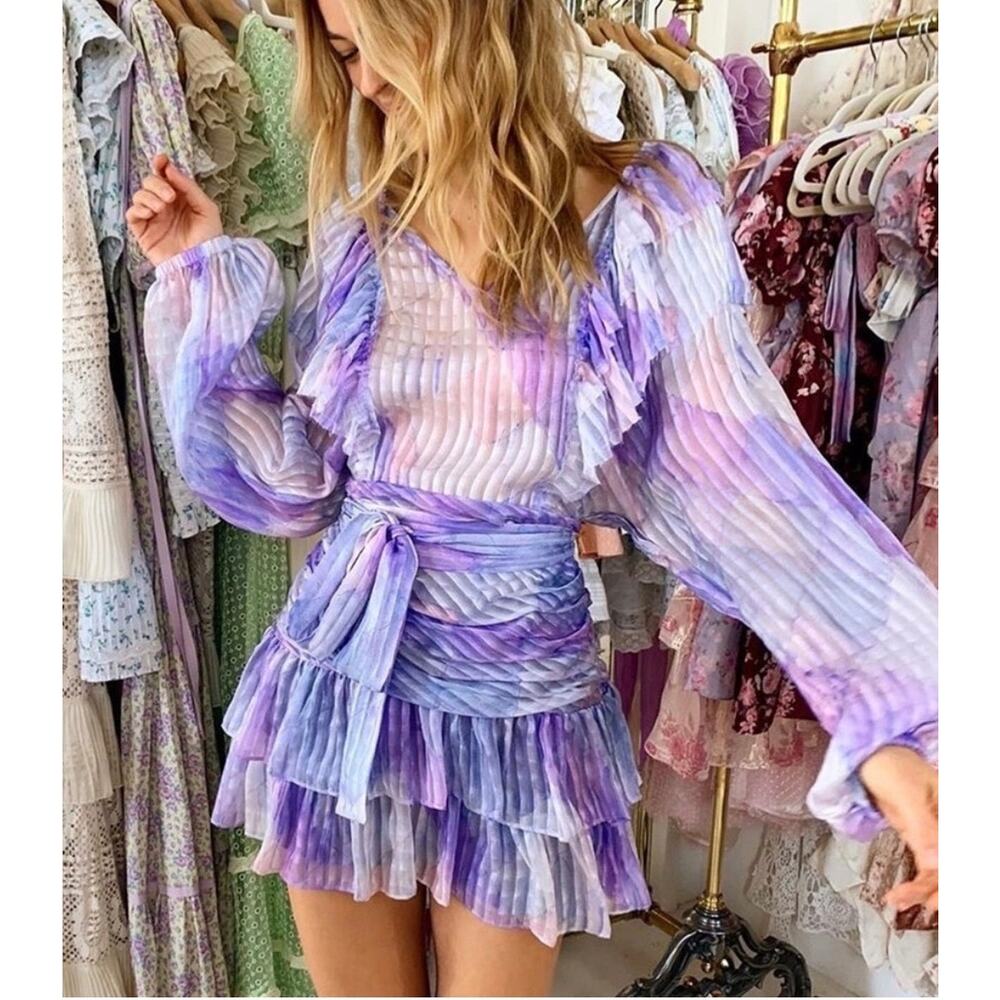 LoveShackFancy Lavender Tie-Dye Pleated Mini Dress